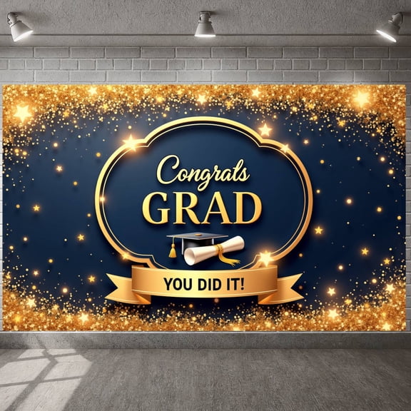 Navy Blue & Gold Congrats Grad Banner Golden Star Graduation Backdrop Glittery Graduation Display for Graduation Parties Campus Celebrations Photo Shoots
