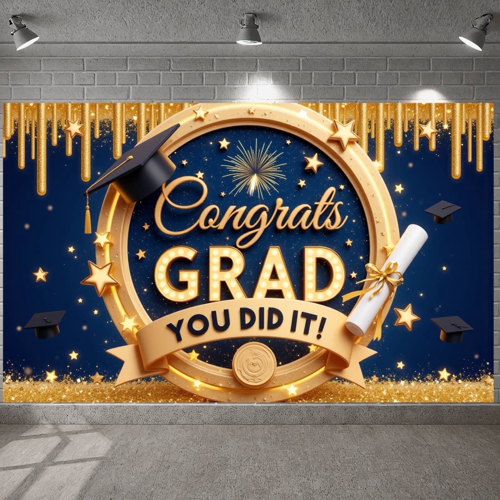 Navy Blue & Gold Congrats Grad Banner Golden Star Graduation Backdrop ...