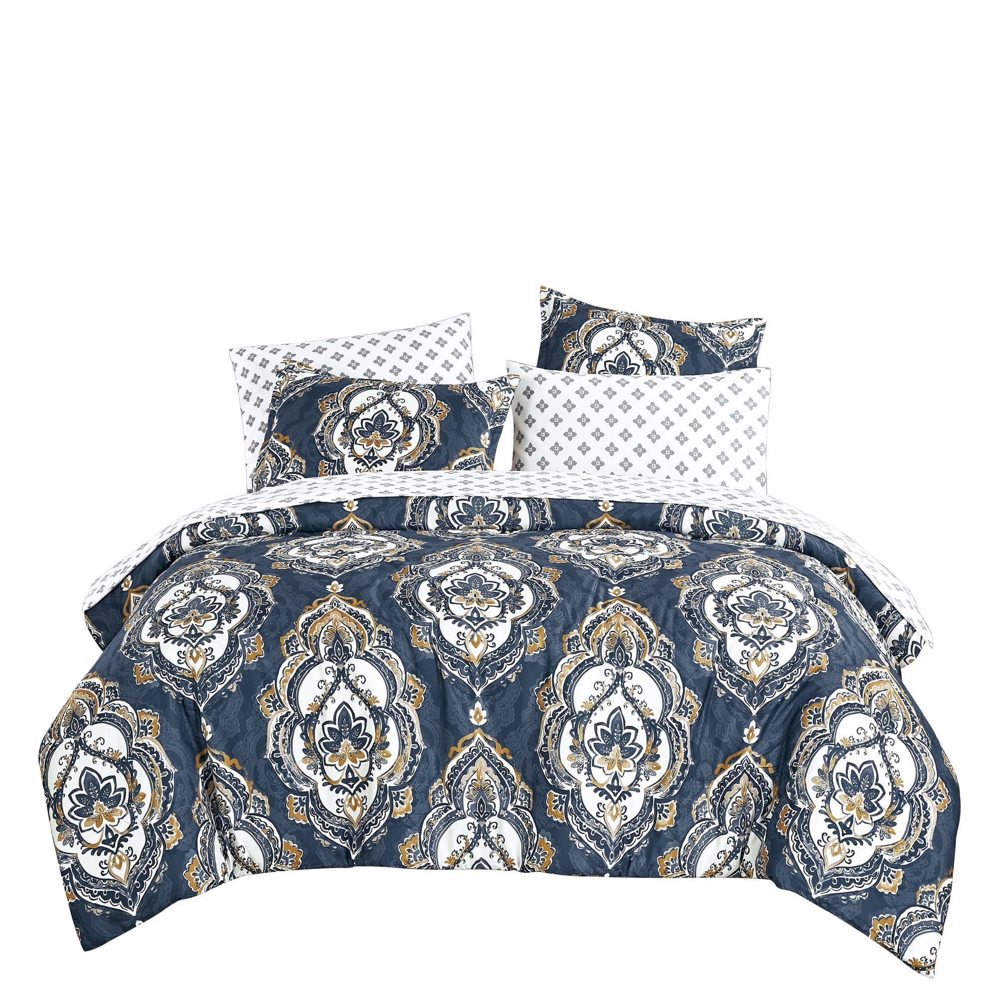 Navy Blue & Gold Damask Print Bedding Set - All-in-One Comforter & Sheet Collection,Queen