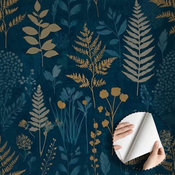 Navy Blue Gold Fern Botanical Wallpaper Boho Vintage Rustic Self Adhesive and Removable Waterproof Wall Decoration for Living Room Bedroom Kitchen Cabinet Drawer Dorm Room 17.7 * 118 in