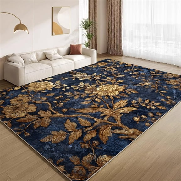 Navy Blue Gold Floral Area Rugs, Luxury Baroque Pattern Carpet, Washable Non Slip Low Pile Soft Rug for Living Room Bedroom Study Office Decor Mat 3ftx5ft