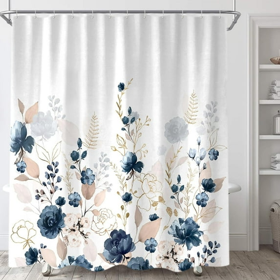 Navy Blue and Gold Flower Shower Curtain, Boho Watercolor Floral Leaves Cute Fabric Shower Curtains Set for Bathroom Decorative with Hooks 72 X 72 inch Beautiful Bath Decor