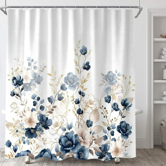 Navy Blue and Gold Flower Shower Curtain, Boho Watercolor Floral Leaves Cute Fabric Shower Curtains Set for Bathroom Decorative with Hooks 72 X 72 inch Beautiful Bath Decor