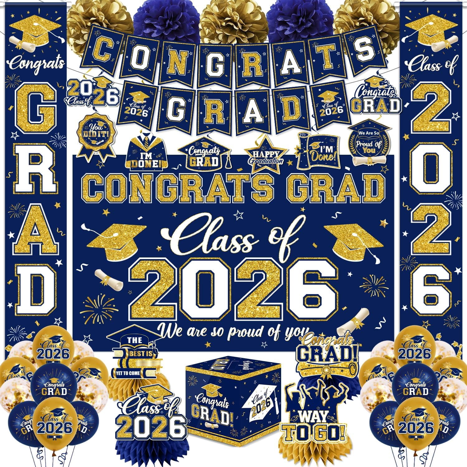 Navy Blue and Gold Graduation Decorations 2026 Set, All-in-1 Kit with ...