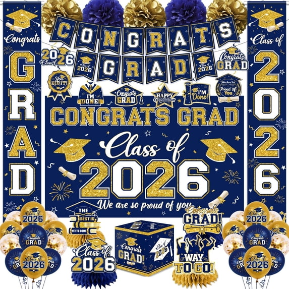 Navy Blue and Gold Graduation Decorations 2026 Set, All-in-1 Kit with ...