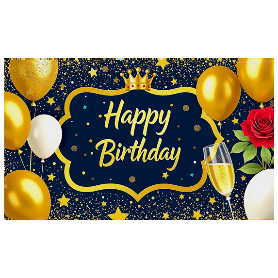 Navy Blue and Gold Happy Birthday Banner with Crown Stars Balloons Roses and Champagne Glasses Background for Birthday Party Decorations Photography Props Celebrations Event Backdrop Party Supplies