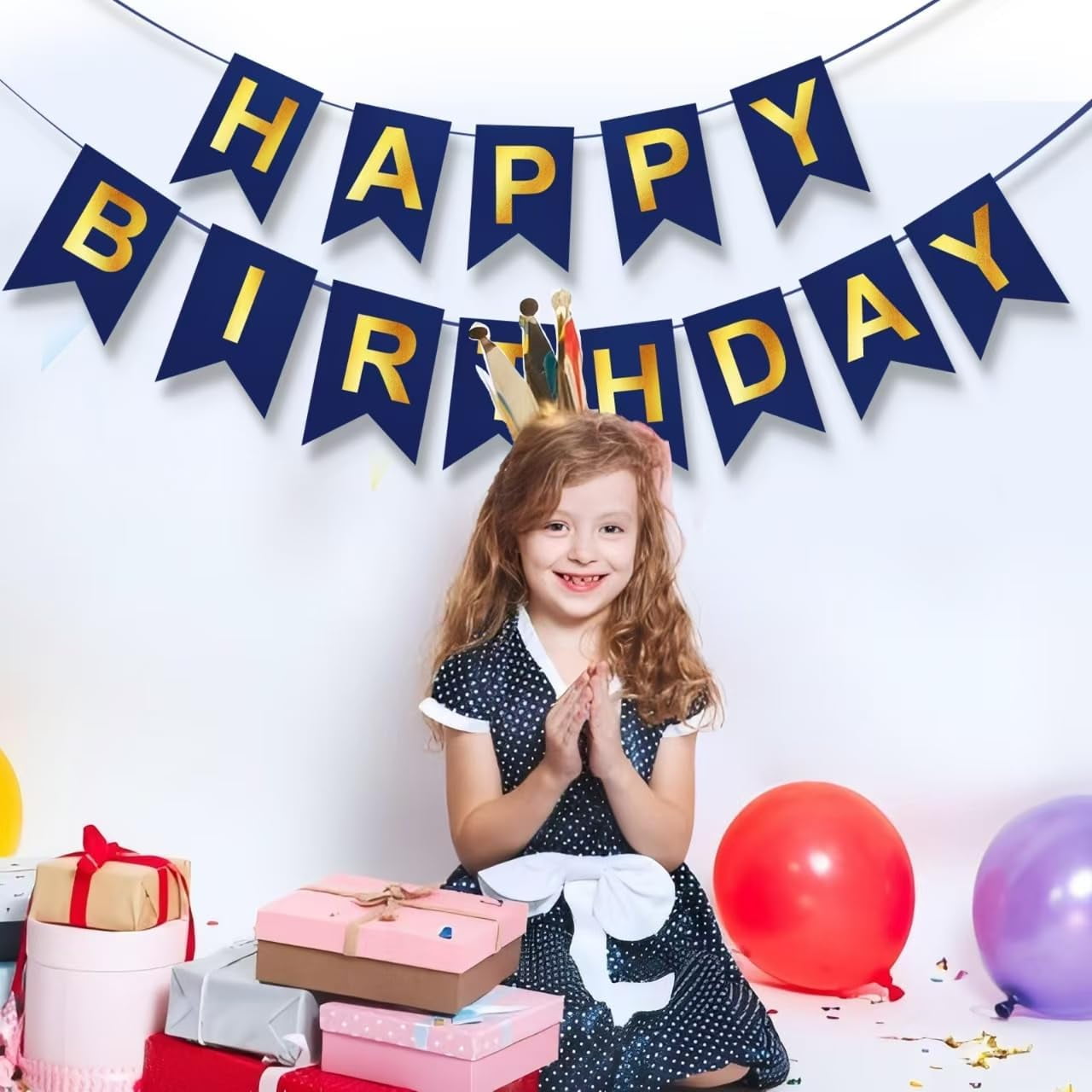 Navy Blue & Gold Happy Birthday Banner Set With 12 Pennant Flags - DIY Party Decor - View #4