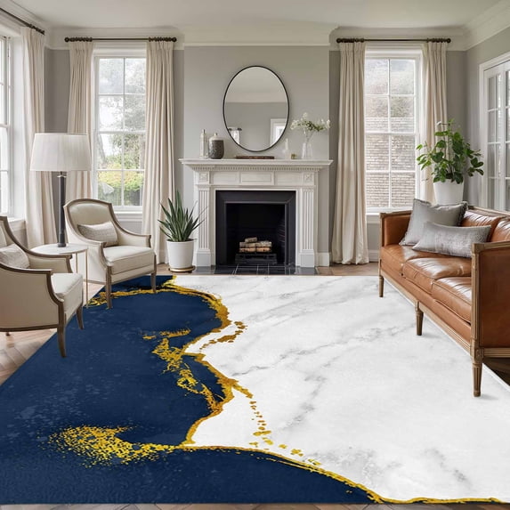 Navy Blue Gold Marble 5'x8' Area Rug for Living Room, Modern Abstract Marble Crack Texture Non-Slip Rugs for Bedroom Nursery Dining Room, StainResistant Low-Pile Kitchen Carpet Large Entryway Rugs