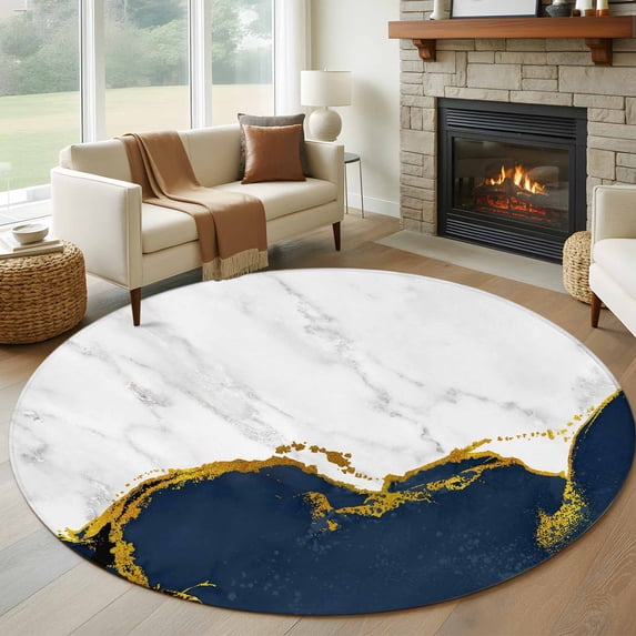 Navy Blue Gold Marble 6ft Round Rugs, Modern Abstract Marble Crack Texture Non-Slip Area Rugs for Living Room Bedroom Kitchen, Soft Low Pile Dining Room Kicthen Circle Carpet, Indoor Floor Rug