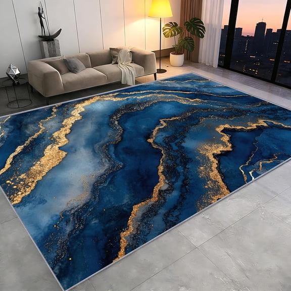 Navy Blue Gold Marble Area Rug, Luxury Abstract Texture Pattern Carpet, Washable Non Slip Low Pile Soft Thin, Living Room Bedroom Study Office Entrance Home Decor Mat 2x3ft(Small)