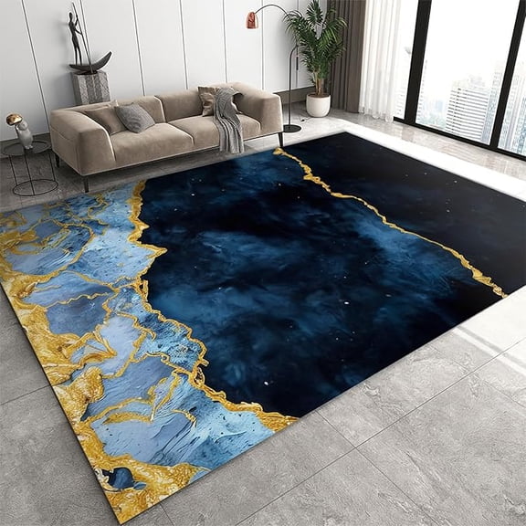Navy Blue Gold Marble Area Rug, Retro Abstract Luxury Tea Table Sofa Carpet, Machine Washable Rug Soft Comfortable Non-slip For Living Room Office Dining Room Hallway 4 x 5ft