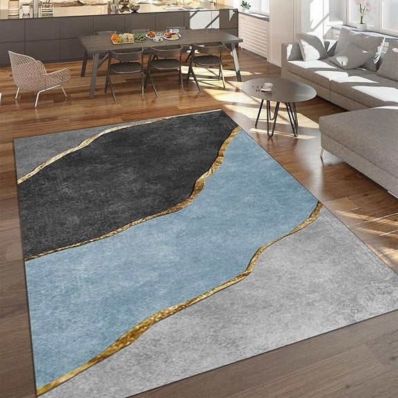 Navy Blue Gold Marble Area Rugs, Modern Mid-Century Black Gray Bedroom Rug, Soft Low Pile Easy Clean Breathable Indoor Rug For Floor Hallway Study Room Living Room 4' x 5'