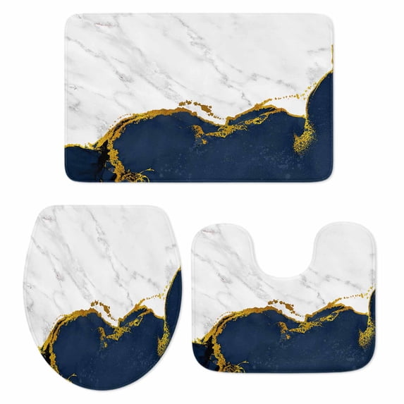 Navy Blue Gold Marble Bath Mat 3 Piece Bathroom Rug Set, Modern Abstract Marble Crack Texture Non Slip Bath Rug Contour Mat and Toilet Lid Cover, Absorbent Shower Mats Soft Bath Rugs and Mats Sets