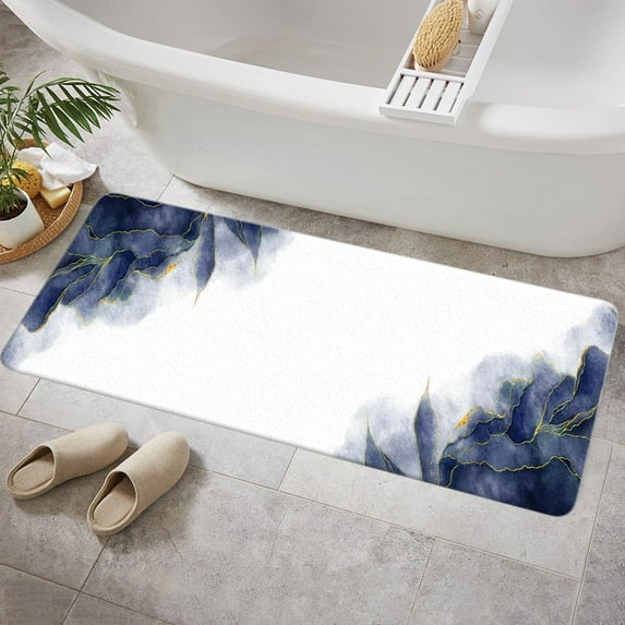 Navy Blue and Gold Marble Bath Mat for Bathroom, Modern Abstract Dark Blue Purple White Floor Rugs Mats Non Slip Cute Ombre Bathroom Decor Accessories 16X48 Inches Kitchen Bedroom Indoor