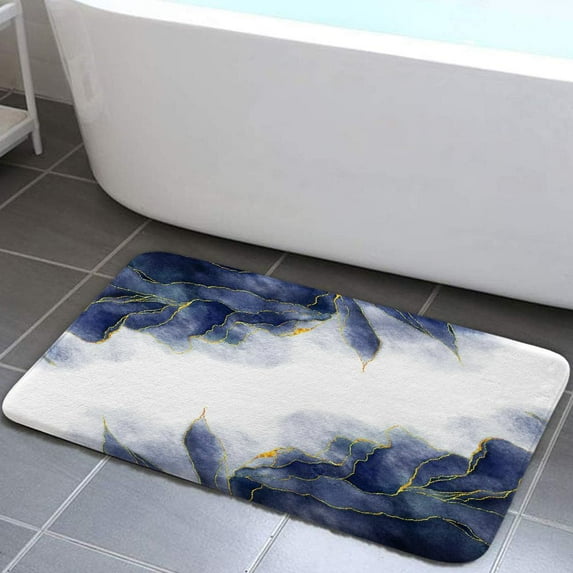 Navy Blue and Gold Marble Bath Mat for Bathroom, Modern Abstract Dark Blue Purple White Floor Rugs Mats Non Slip Cute Ombre Bathroom Decor Accessories 17X29 Inches Kitchen Bedroom Indoor