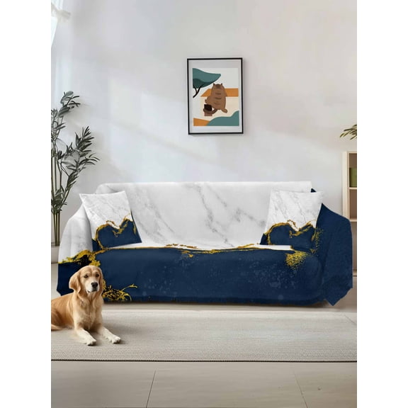 Navy Blue Gold Marble Couch Cover Sofa Covers 3 Cushion Sectional Couch, Modern Abstract Marble Crack Texture Washable Sofa Covers Slipcover Sectional Sofa Cover, Furniture Protector 71"x150"