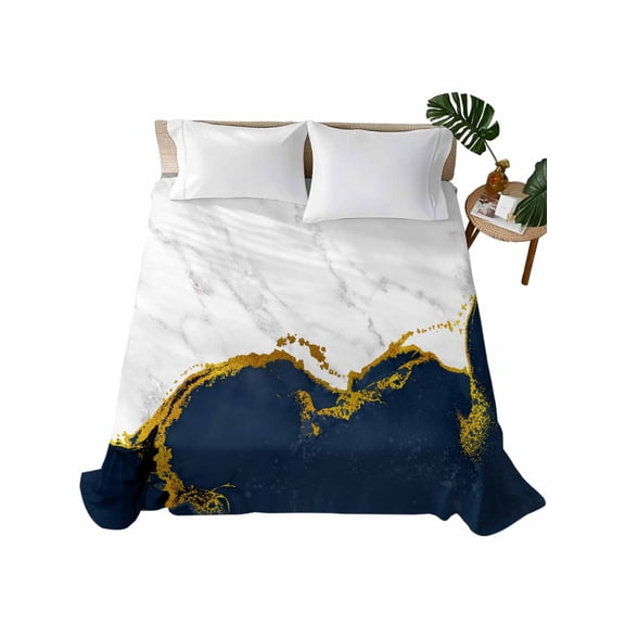 Navy Blue Gold Marble Flat Sheets Only Queen Size, Soft Breathable Bed Top Sheets for Mattress, Modern Abstract Marble Crack Texture Luxury Bedding Flat Sheets for Home Hotel Bedroom Bed Protection