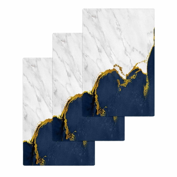 Navy Blue Gold Marble Hand Towels Set,Waffle Weave Kitchen Towels 3 Pieces,Modern Abstract Marble Crack Texture Microfiber Hair Face Bath Tea Towel Absorbent Cleaning Dish Cloths,15.7"x23.6"