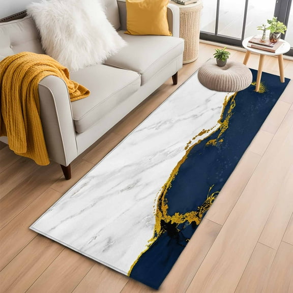Navy Blue Gold Marble Kitchen Runner Rug 2x6 Washable Runners for Hallway Non Slip Modern Abstract Marble Crack Texture Large Area Rug Indoor Floor Carpet for Bathroom Laundry Entryway Bedroom