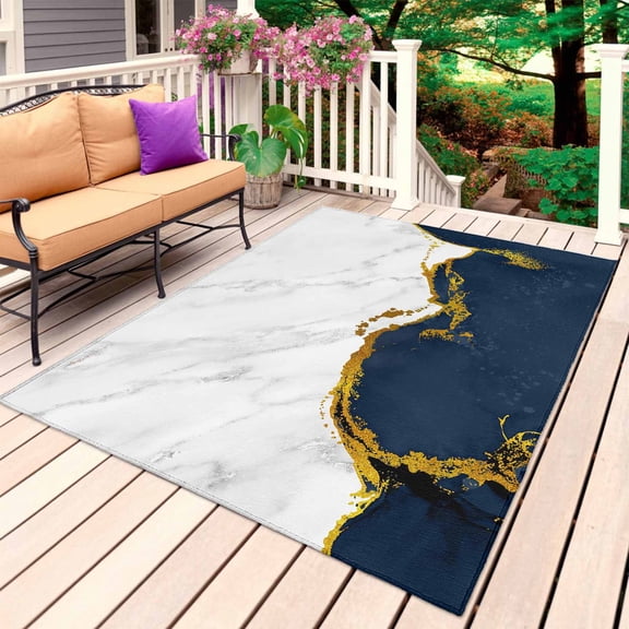 Navy Blue Gold Marble Outdoor Rug for Patio/Deck/Porch, Non-Slip Large Area Rug 4 x 6 Ft, Modern Abstract Marble Crack Texture Indoor Outdoor Rugs Washable Area Rugs, Camping Rug Carpet Runner