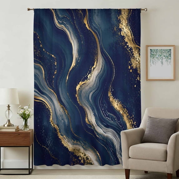 Navy Blue Gold Marble Sheer Curtains 72 Inches Long, Luxury Modern Abstract Art Light Filering Curtains, Breathable Simi Curtain Privacy Drapes for Living Room Bedroom Lightweight Window Treatment