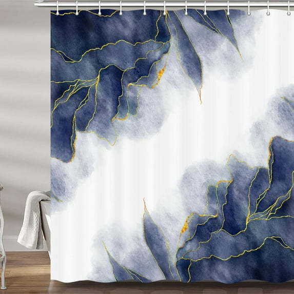 Navy Blue and Gold Marble Shower Curtain, Modern Abstract Dark Blue Purple White Fabric Shower Curtains Set for Bathroom Decorative Cute Ombre Restroom Decor Accessories with Hooks 72X84 Inch