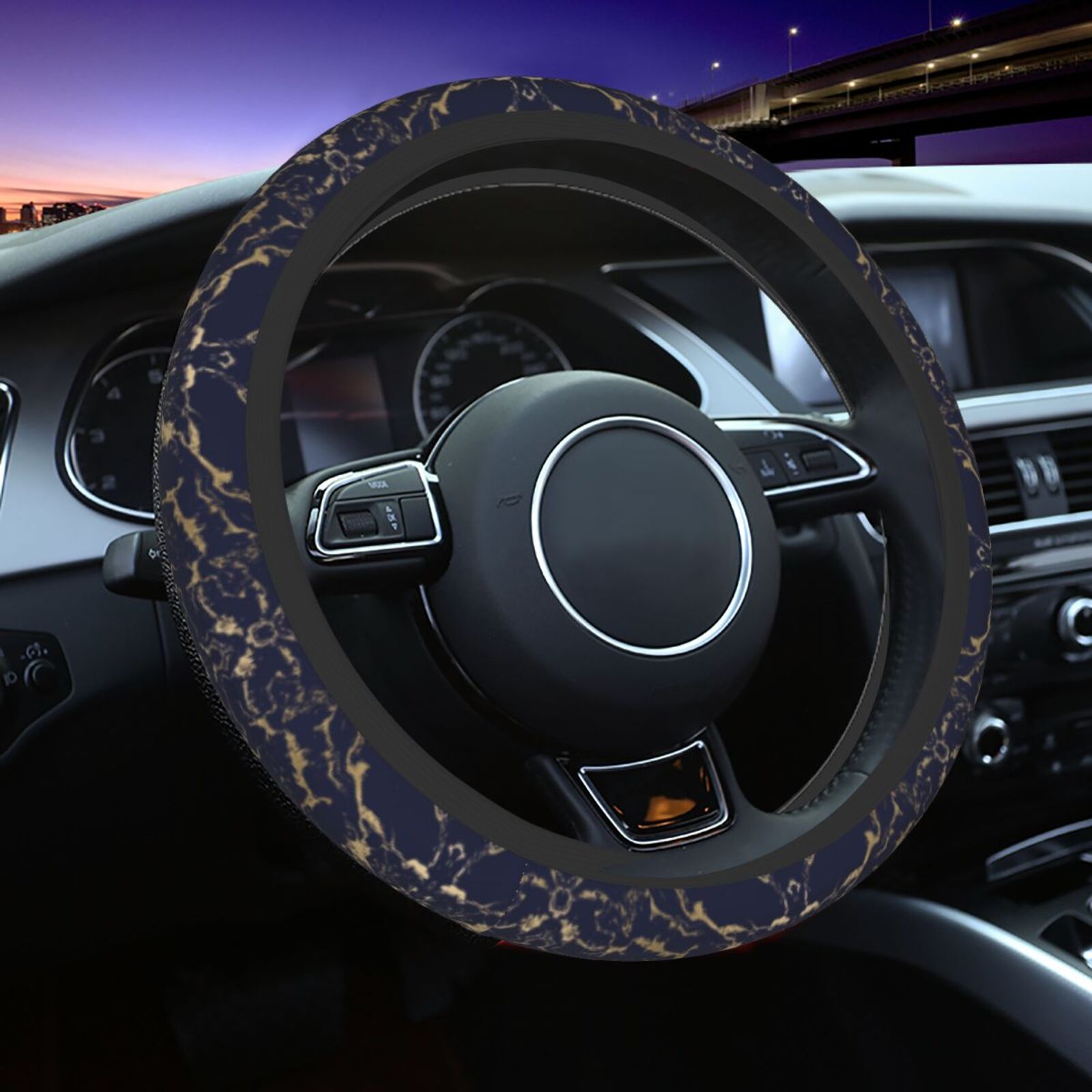 Navy Blue Gold Marble Steering Wheel Cover for Women Men Universal Fit