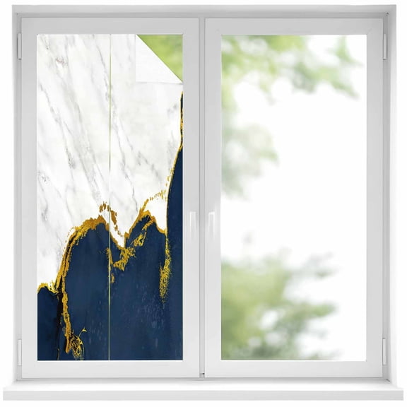 Navy Blue Gold Marble Window Privacy Film, Modern Abstract Marble Crack Texture Static Cling UV Sun Blocking Heat Control Window Tint, Non-Adhesive One Way Windows Privacy Cover 19.6''x39.3''