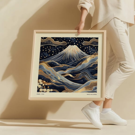 Navy Blue & Gold Mount Fuji Square Wall Art Japanese Landscape Decor Modern Kusama-Inspired Poster For Living Room Or Office Wall Art, Modern Wall Decor, 16x16 UNFRAMED