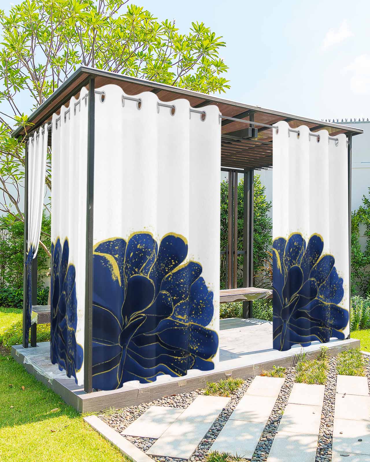 Navy Blue Gold Outdoor Curtains for Patio, Abstract Line Art ...