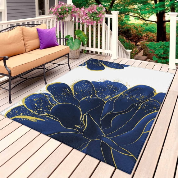 Navy Blue Gold Outdoor Rug 5x8 Ft, Non Slip Washable Area Rug, Abstract Line Art Troditional Ink Painting Patio Rugs Carpet Runner, Large Floor Mat for Indoor/Outdoor Deck Porch Camping