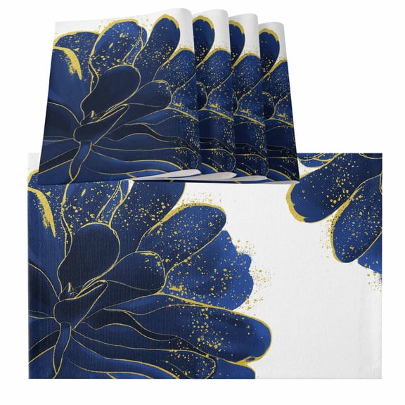Navy Blue Gold Placemats for Dinning Table Set of 6, Abstract Line Art Troditional Ink Painting Burlap Kitchen Place Mats Waterproof Cloth Table Mats, Indoor Outdoor Placemats Easy Clean Dinner Decor