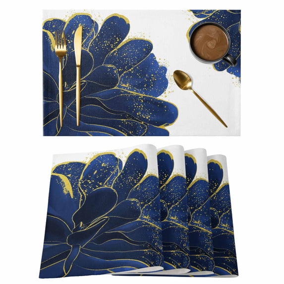 Navy Blue Gold Placemats Set of 8, Abstract Line Art Troditional Ink Painting Placemats for Dining Table, Place Mats for Kitchen Tabletop, Waterproof Wipeable Dining Table Mats Set
