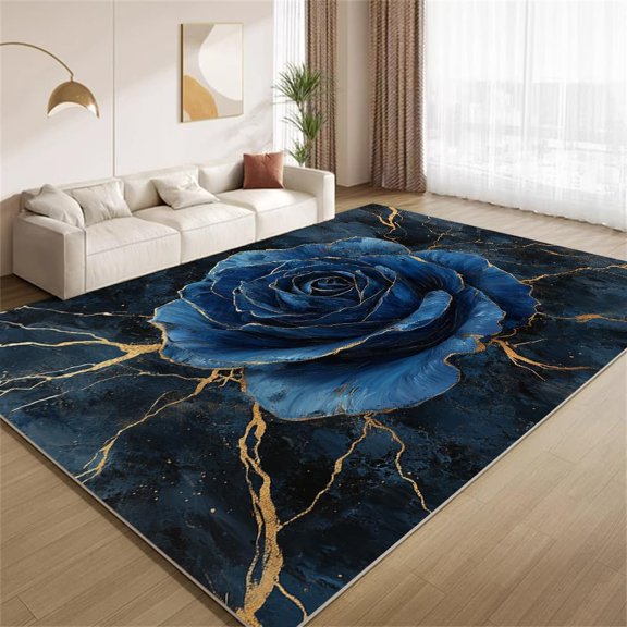 Navy Blue Gold Rose Area Rugs, Blue Marble Floral Carpet, Washable Non Slip Low Pile Soft Rug for Living Room Bedroom Game Room Study Office Decor Mat 3ftx5ft