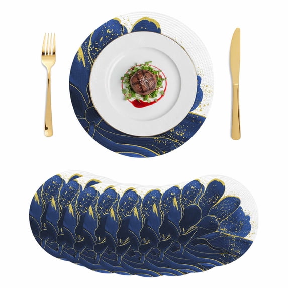 Navy Blue Gold Round 13 Inch Placemats Set of 8, Abstract Line Art Troditional Ink Painting HeatResistant Non Slip Place Mats for Dining Table, Wipeable Braided Kitchen Table Mats for Housewarming