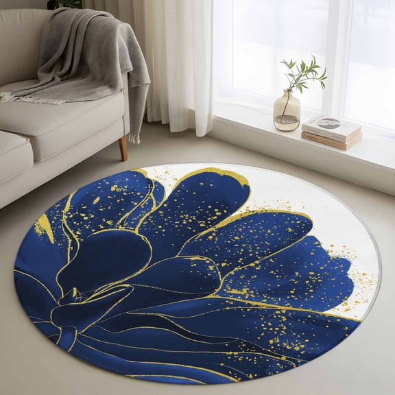Navy Blue Gold Round Area Rug 4 FT,Non Slip Indoor Outdoor Rug,Abstract Line Art Troditional Ink Painting Washable Soft Circular Carpet Non-Shedding Floor Mat for Coffee Table Nursery Foyer Balcony