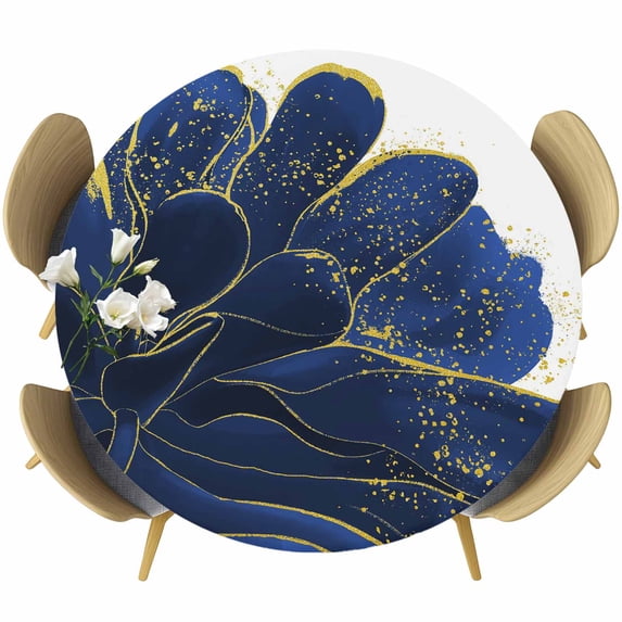 Navy Blue Gold Round Tablecloth, Fitted Table Cover with Elastic for 36"-44" Round Tables, Abstract Line Art Troditional Ink Painting Table Cloth Outdoor Indoor Dinning Party Waterproof Tablecloths