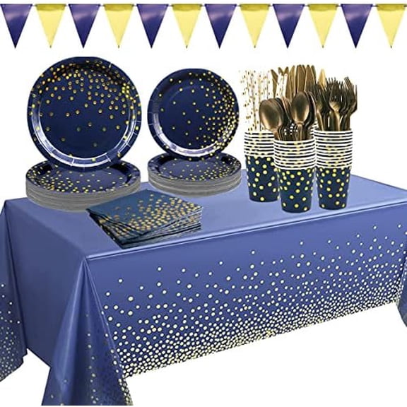 Navy Blue Gold Royal Blue Party Supplies Serves 25 , Include- Plates, Cups, Napkins, Banner, Tablecloth, Straws - for Wedding Birthday Party Anniversary Baby Shower$$Home Decor, Kitchen, & Other
