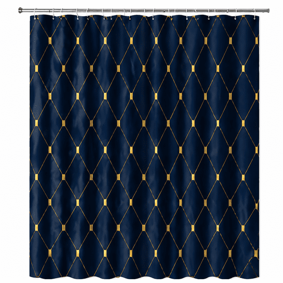 Navy Blue Gold Shower Curtain, Modern Geometric Diamond Lattice Pattern, Minimalist Luxury Waterproof Fabric Bathroom Curtain with Hooks for Master Guest Bathroom Decor, 72x72 Inches