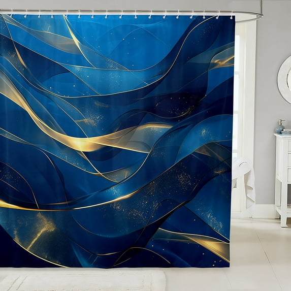 Navy Blue and Gold Shower Curtain Set,Abstract Marble Aesthetic Bathroom Set Adults,Watercolor Abstract Art Bathroom Decor Modern Style Fabric Shower Curtain 72"Wx84"L