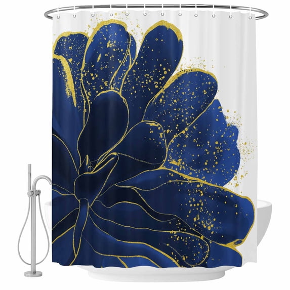 Navy Blue Gold Shower Curtain, Waterproof Shower Curtains for Bathroom, Abstract Line Art Troditional Ink Painting Washable Fabric Bathtub Curtain Set Bath Decor with 12 Hooks Extra Long 72"x96"