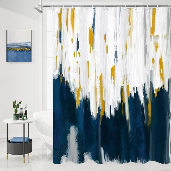 Navy Blue & Gold Shower Curtains for Chic Modern Bathroom Decor, Dark Blue Fabric Shower Curtain, Brush Strokes Oil Painting Style, 72 x 72
