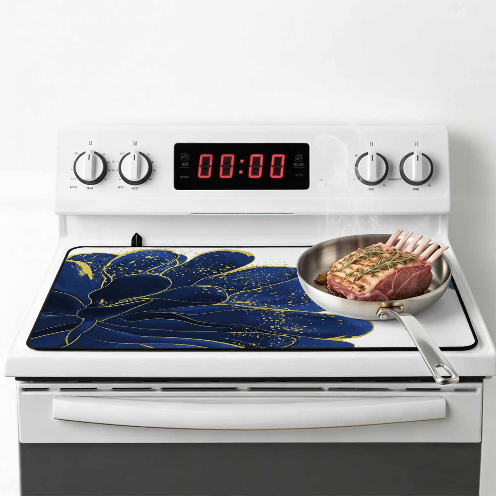 Navy Blue Gold Stove Top Cover for Electric Stove, Heat-proof & Non Slip Glass Top Stove Cover Protector, Abstract Line Art Troditional Ink Painting Kitchen Flat Cooktop Rubber Mat 31x24 Inches