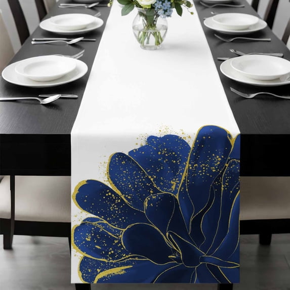 Navy Blue Gold Table Runner 72 Inches Long, Abstract Line Art Troditional Ink Painting Kitchen Coffee Dining Table Decoration for Home Party Birthday Wedding Home Decor 18x72 Inches