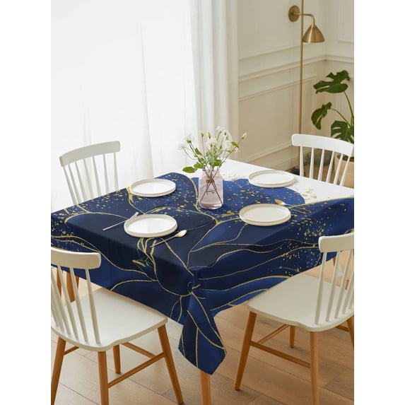 Navy Blue Gold Tablecloth Rectangle Table Cloth 60x102, Waterproof Tablecloth Outdoor Table Cloth, Abstract Line Art Troditional Ink Painting Washable Table Cover for Kitchen Dinning Party