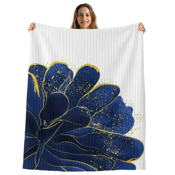 Navy Blue Gold Throw Blanket, Flannel Fleece Blanket with Striped Design for Couch, Abstract Line Art Troditional Ink Painting Soft Breathable All Season Plush Blankets for Sofa Office Travel 40"x50"