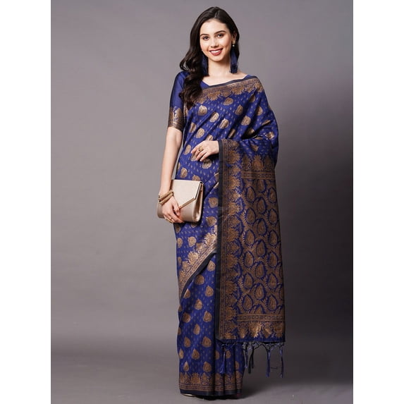 Navy Blue & Gold-Toned Woven Design Silk Blend Baluchari Saree - 15810788