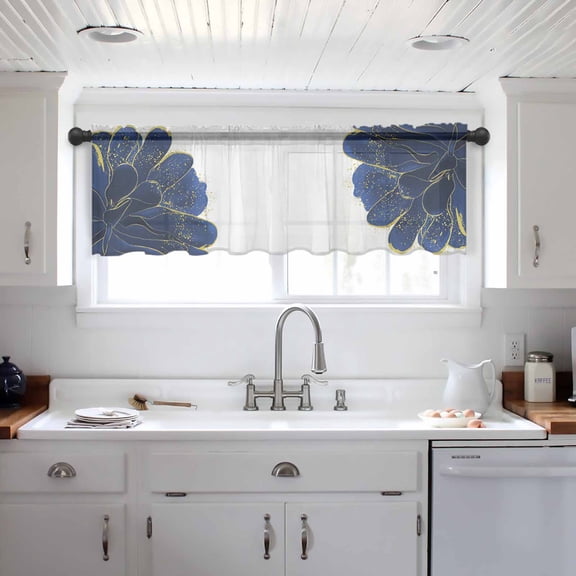 Navy Blue Gold Valance Curtains for Kitchen/Living Room/Bathroom/Bedroom Window, Abstract Line Art Troditional Ink Painting Rod Pocket Small Topper Half Short Window Curtains Sheer Scarf 60"x18"