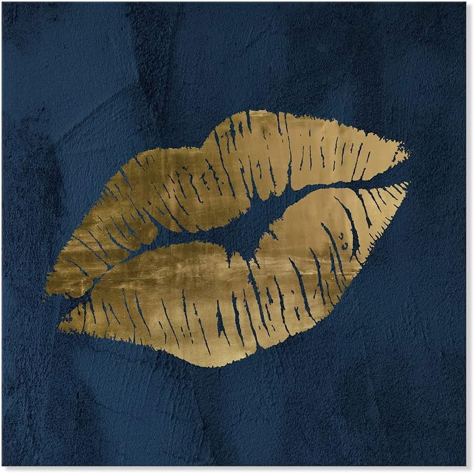 Navy Blue and Gold Wall Decor Fashion Lip Canvas Wall Art Glam Lip Poster Sexy Painting Designer Picture for Bedroom Bathroom Makeup Room Decoration 12x12Inch
