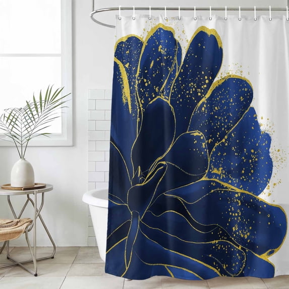 Navy Blue Gold Waterproof Fabric Shower Curtain,Abstract Line Art Troditional Ink Painting Waterproof Fabric Shower Curtain for Bathroom Bathtubs Shower Curtains with 12 Hooks Extra Long 72x84